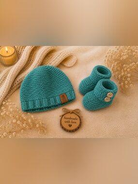 Handmade Teal Knit Baby Hat & Booties Set